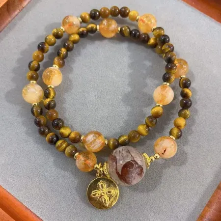 Double-layer yellow tower crystal tiger's eye stone beaded bracelet, a niche design for women, light luxury retro layered bracelet, a fresh and clean wristband Double-layer yellow tower crystal tiger's eye stone beaded bracelet, a niche design for women, light luxury retro layered bracelet, a fresh and clean wristband